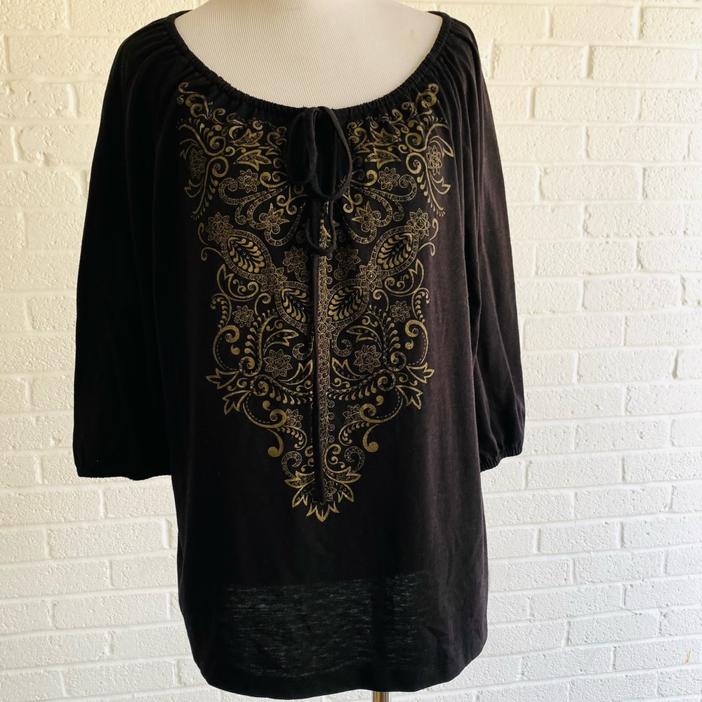 BLACK BOHO PEASANT BLOUSE LARGE FROM 7 WONDERS GOLD EMBROIDERY WHIMSIGOTH